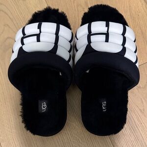 UGG Black and White Furry Slides